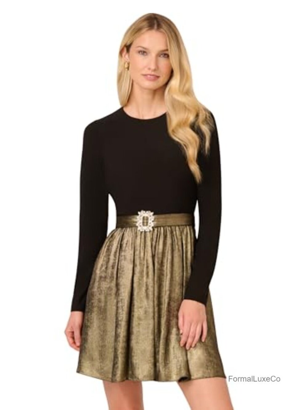 Jersey Metallic Short Dress Long Sleeve Crew Neck Belted